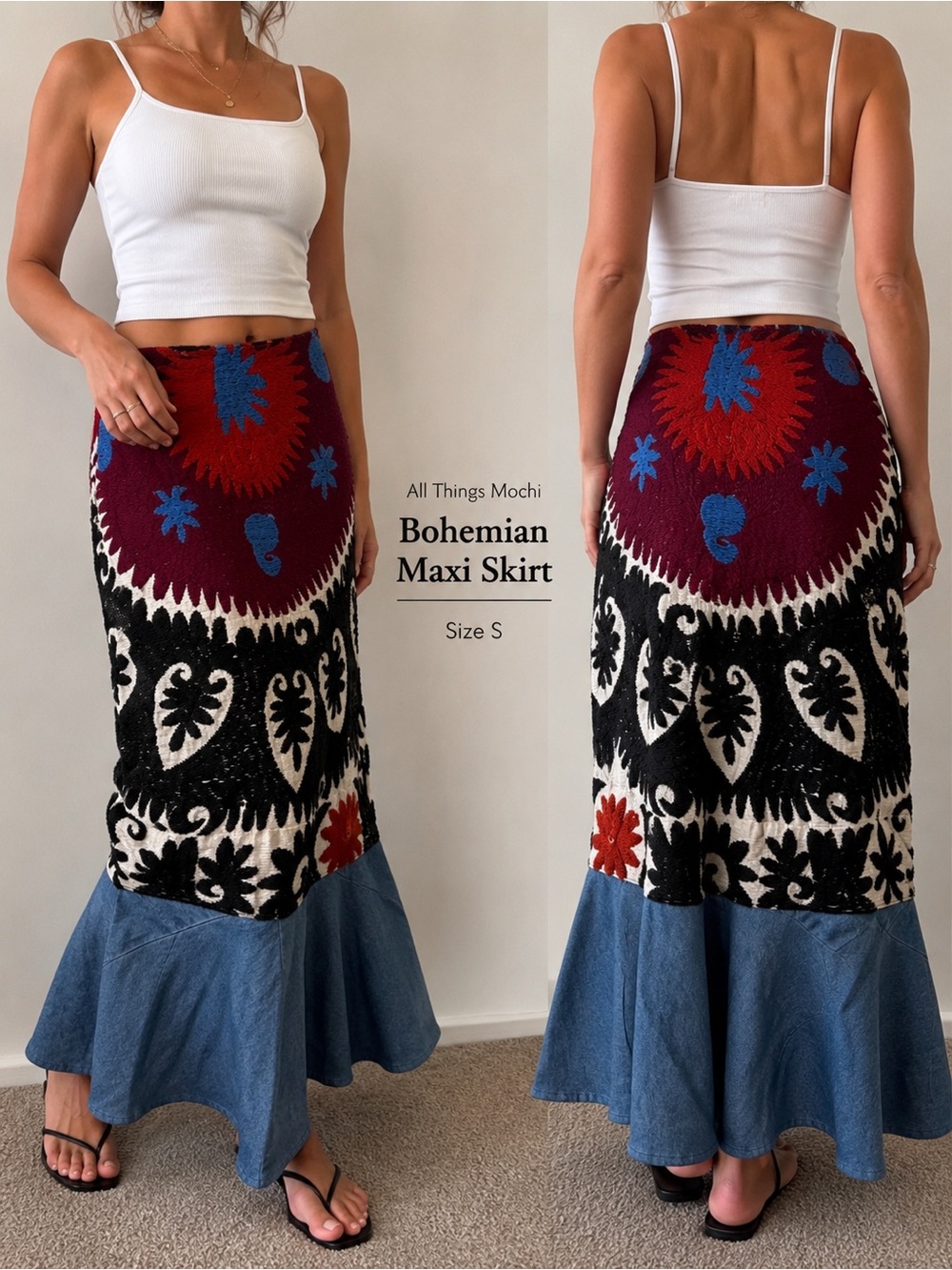 Bohemian Maxi Skirt in Black, Blue & Red